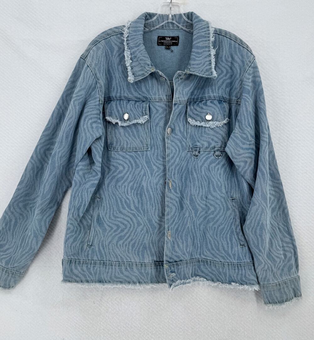 The Hideout Clothing Company Blue Denim Zebra Print Jacket Sz L Limited Edition